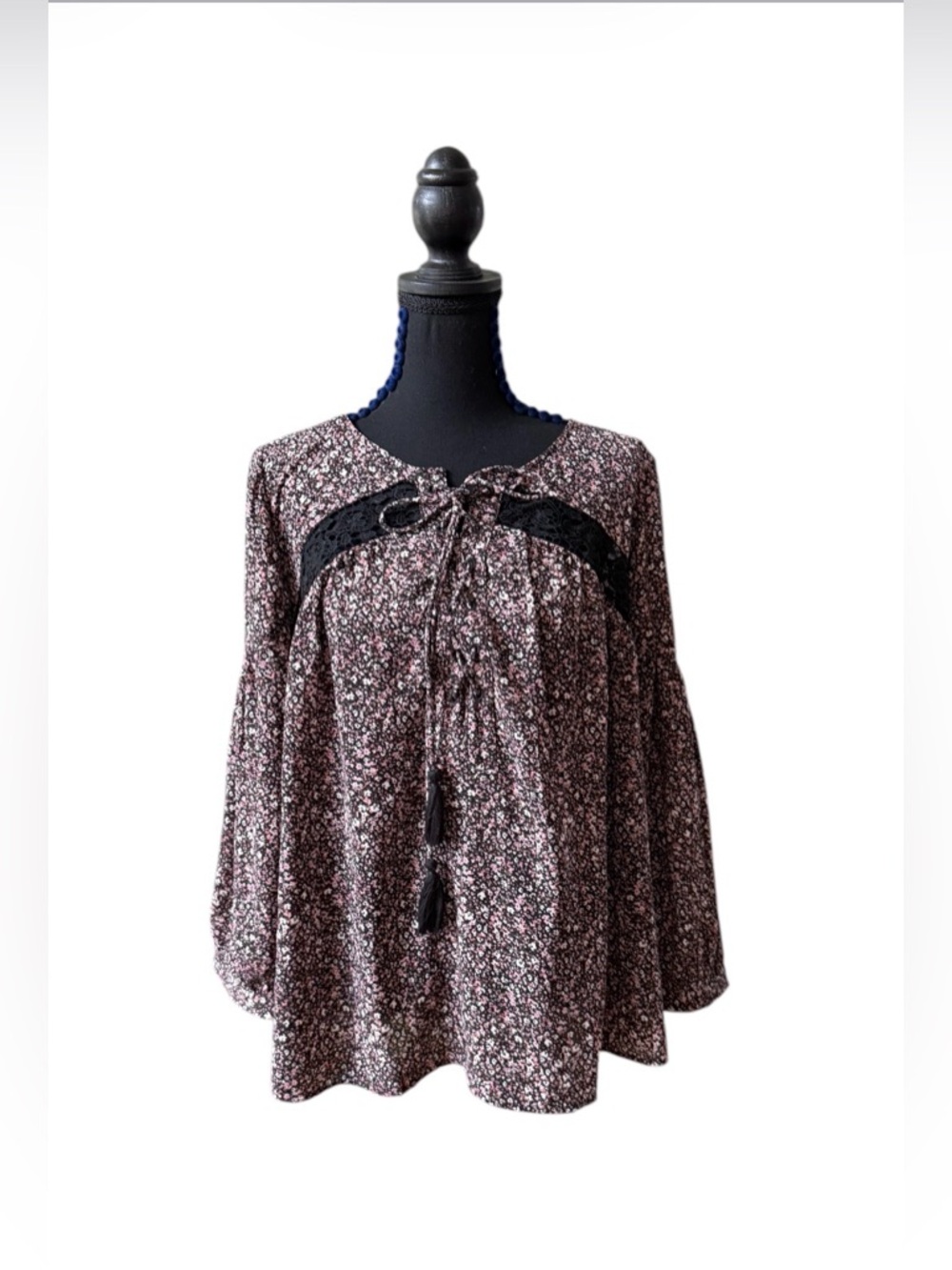 LOFT Floral Boho Tie-Front Relaxed Fit Peasant Top in Black and Pink